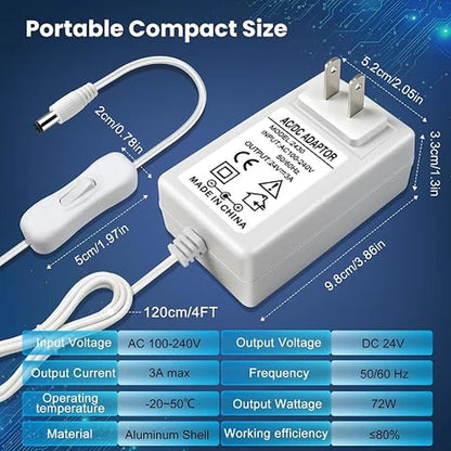 DC 24V Wall Plug LED Adapter with On/Off Switch, 48W/72W Options, US Plug, Black/White Housing, 100–240V AC Input Wall Plug LED Adapter - for LED Strip Lights and Electronics