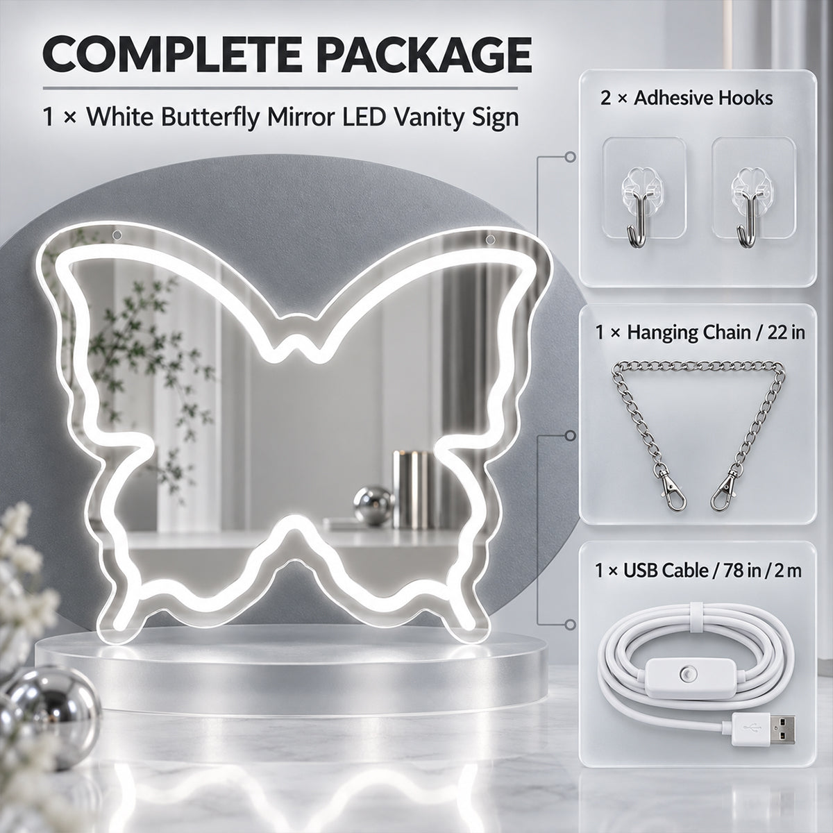 White Butterfly LED Vanity Signs – 15.7×12 inch  Neon Outline | USB Powered | Perfect for Vanity Decor