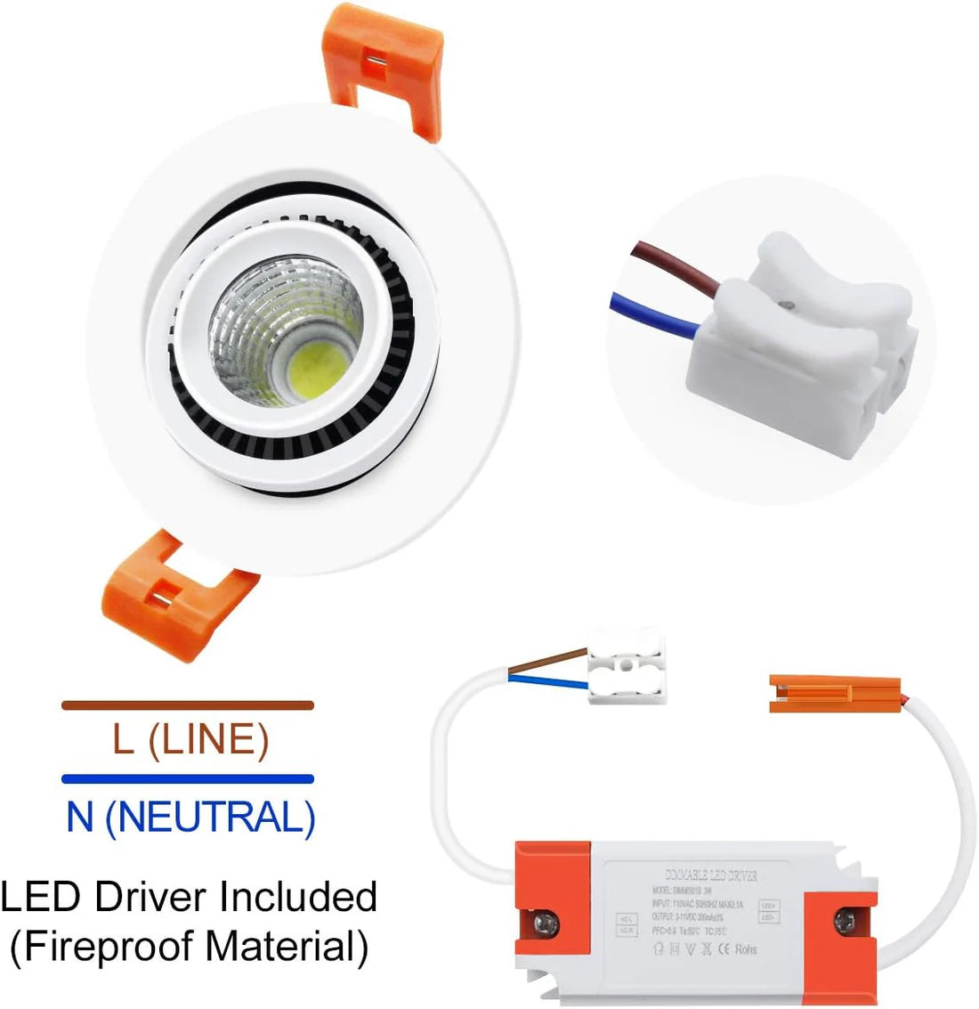 Core-3 Series Eyeball Gimbal COB LED Downlight – White Housing – TRIAC Dimmable – 3W/5W/7W – 50-Pack/100-Pack – 3000K–6000K – 100–130V / 200–240V
