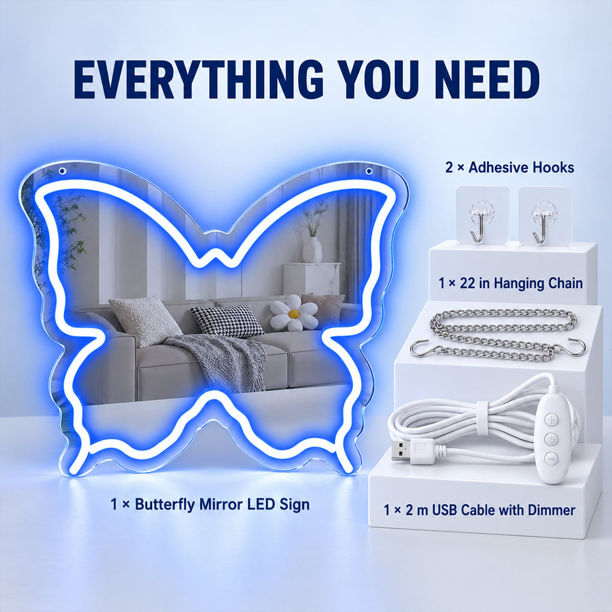 Blue Butterfly LED Vanity Signs – 15.7×12 inch  Neon Outline | USB Powered | Perfect for Vanity Decor