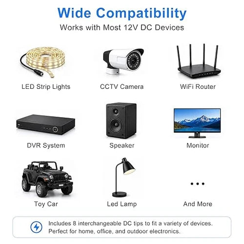 12V 24W Wall Plug LED Adapter, AC 100–240V Input Black Housing with US Plug Power Supply - for LED Strip Lights, Routers and Electronic Devices