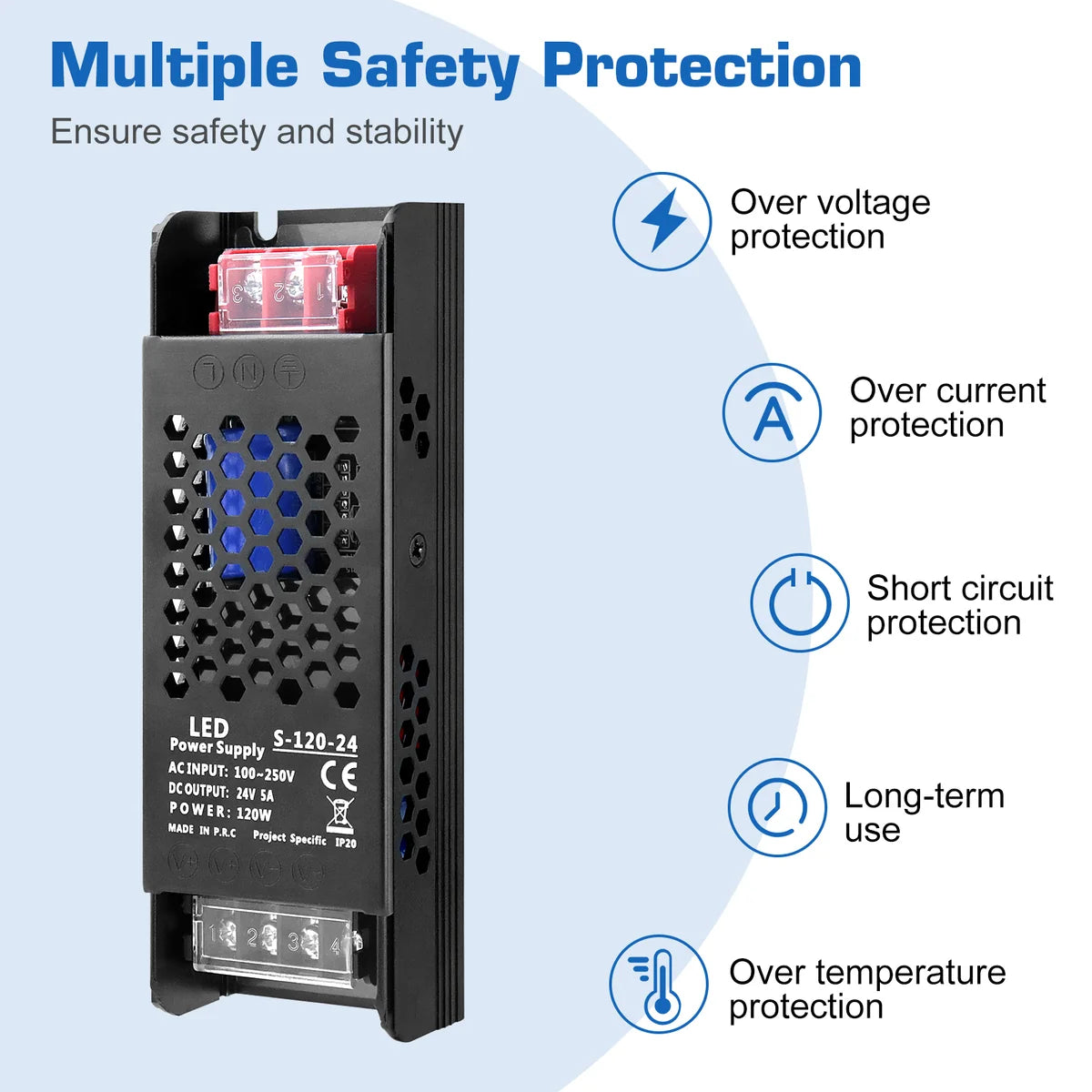 DC 12V/24V 36W–200W Slim Black Industrial Switching Power Supplies, AC 110–250V Input, Narrow Type LED Driver Transformer, Compact Metal Housing, CE/FCC/RoHS Certified