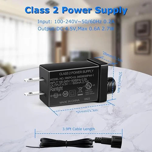 2.7W IP44 Class 2 Power Supply, AC 100–240V to DC 4.5V Adapter Transformer with US Plug - Waterproof Outdoor LED Power Supply for String Lights, Inflatable Decorations and Holiday Lighting
