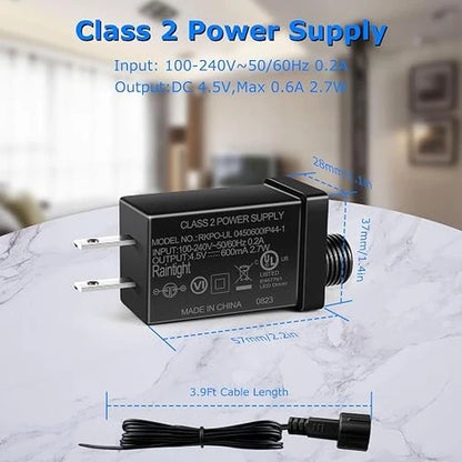 2.7W IP44 Class 2 Power Supply, AC 100–240V to DC 4.5V Adapter Transformer with US Plug - Waterproof Outdoor LED Power Supply for String Lights, Inflatable Decorations and Holiday Lighting