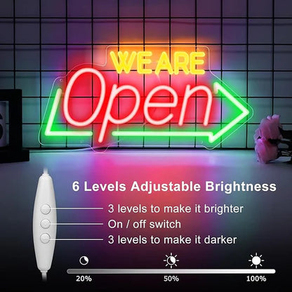 Bright Open Signs for Business, 16.1"X 7.8" Dimmable Open Sign Powered by USB, Red&Green&Yellow Christmas Neon LED Sign, We Are Open Sign for Door Windows