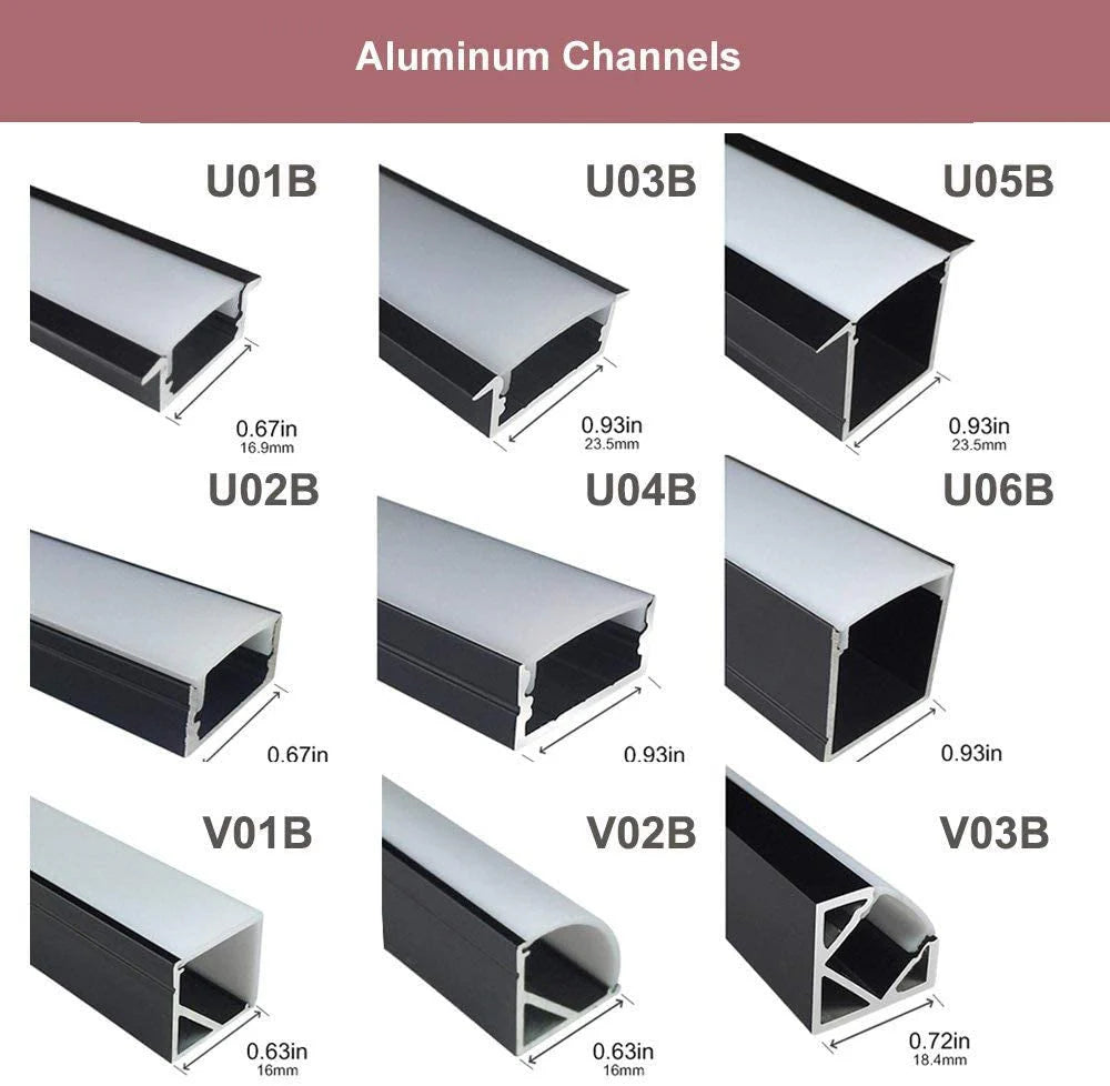 U Shape LED Channel - U02-B 12mm Silver / Black Aluminum Profile | Milky White Cover | Standard LED Mounting Channel – 1m / 2m / 3m | 50 / 100-Pack