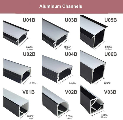 U Shape LED Channel - U02-B 12mm Silver / Black Aluminum Profile | Milky White Cover | Standard LED Mounting Channel – 1m / 2m / 3m | 50 / 100-Pack