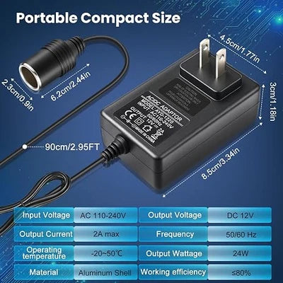 DC 12V Cigarette Lighter Power Supply Adapter 24W/36W, AC 100–240V Input Converter Transformer with US Plug - for Car Accessories, Pumps, Coolers and LED Lights