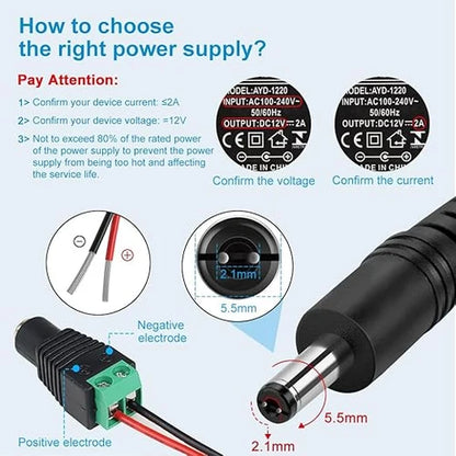 DC 12V Wall Plug LED Adapter with On/Off Switch, 12W/24W/36W Options, US Plug, Black/White Housing, 100–240V AC Input Wall Plug LED Adapter - for LED Strip Lights, CCTV and Electronics
