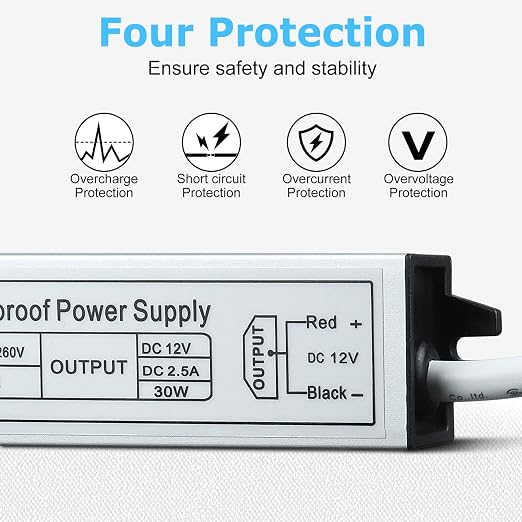 30W Outdoor Waterproof Power Supplies, 12V/24V Output, 90-265V Input, Single Output, Aluminum Housing, Outdoor Lighting Projects, CE/RoHS/FCC Certified, US/UK/EU Plug, 1-Pack / 10-Pack