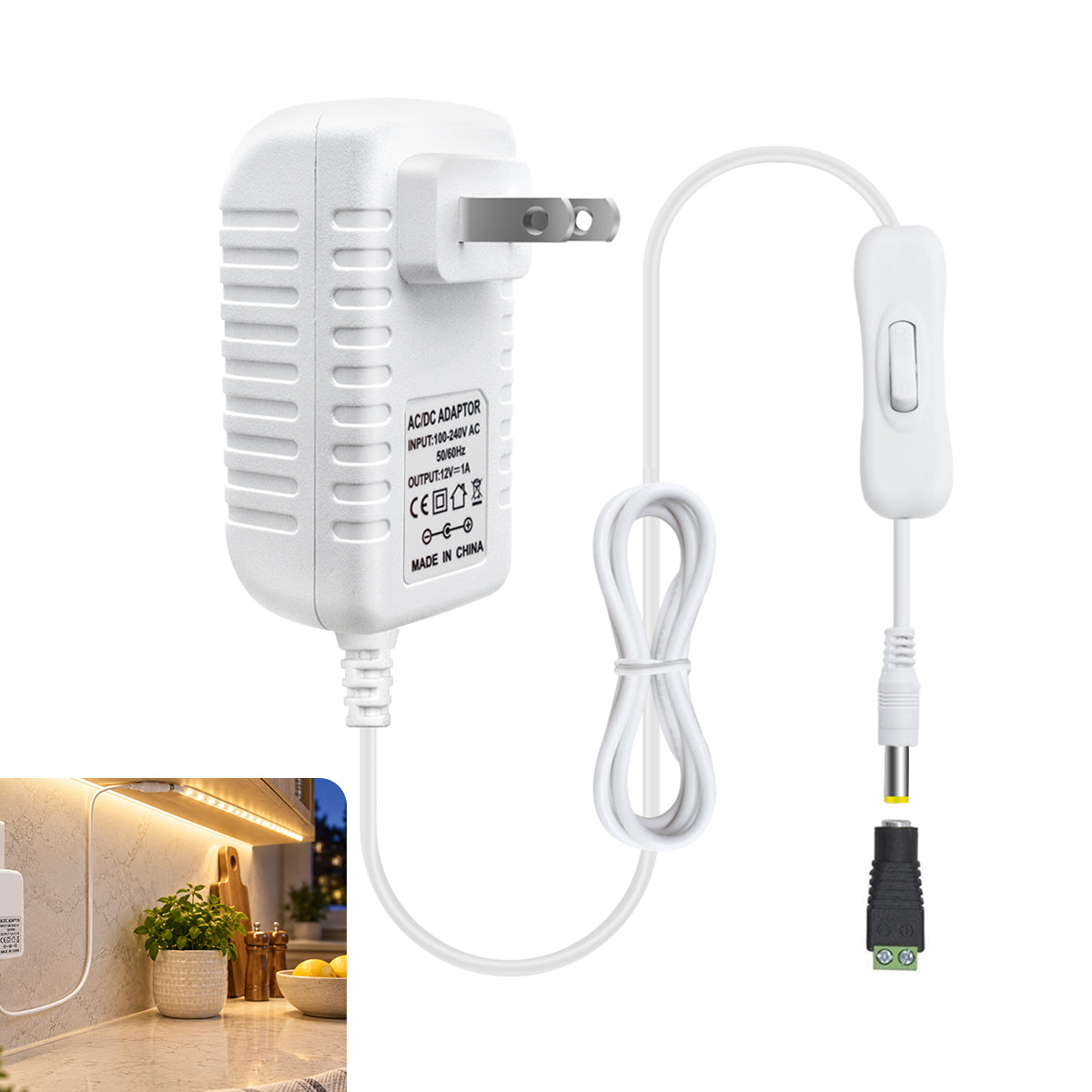 12V Wall Plug LED Adapter 12W/24W/36W, AC 100–240V Input Black/White Wall Plug LED Adapter with US Plug - for LED Strip Lights, CCTV and Electronics