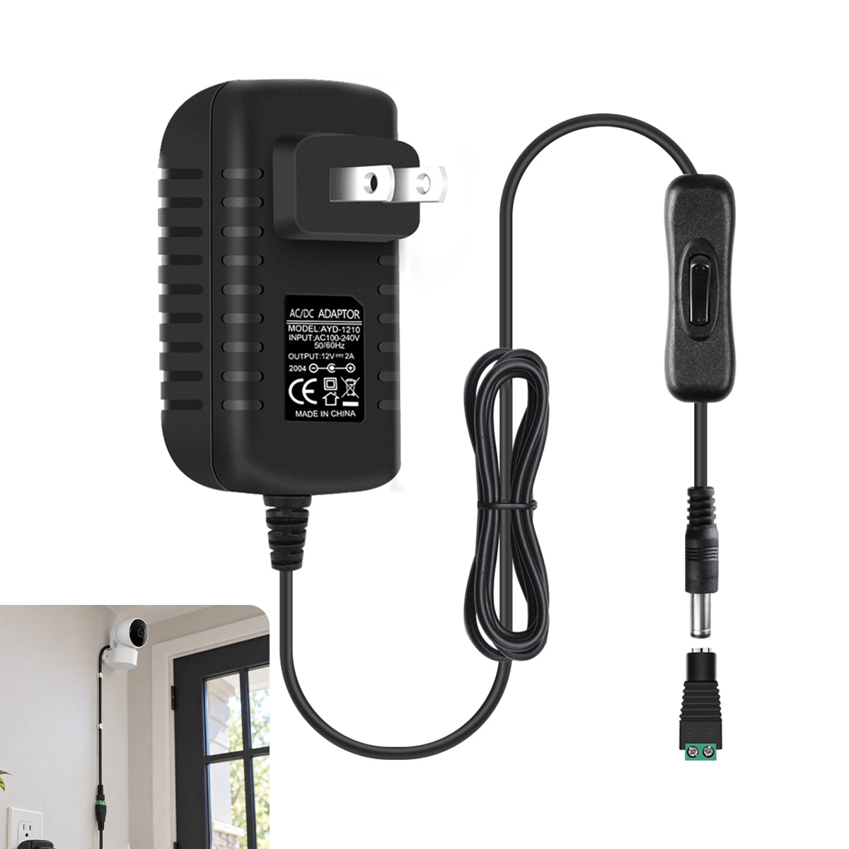 12V Wall Plug LED Adapter 12W/24W/36W, AC 100–240V Input Black/White Wall Plug LED Adapter with US Plug - for LED Strip Lights, CCTV and Electronics