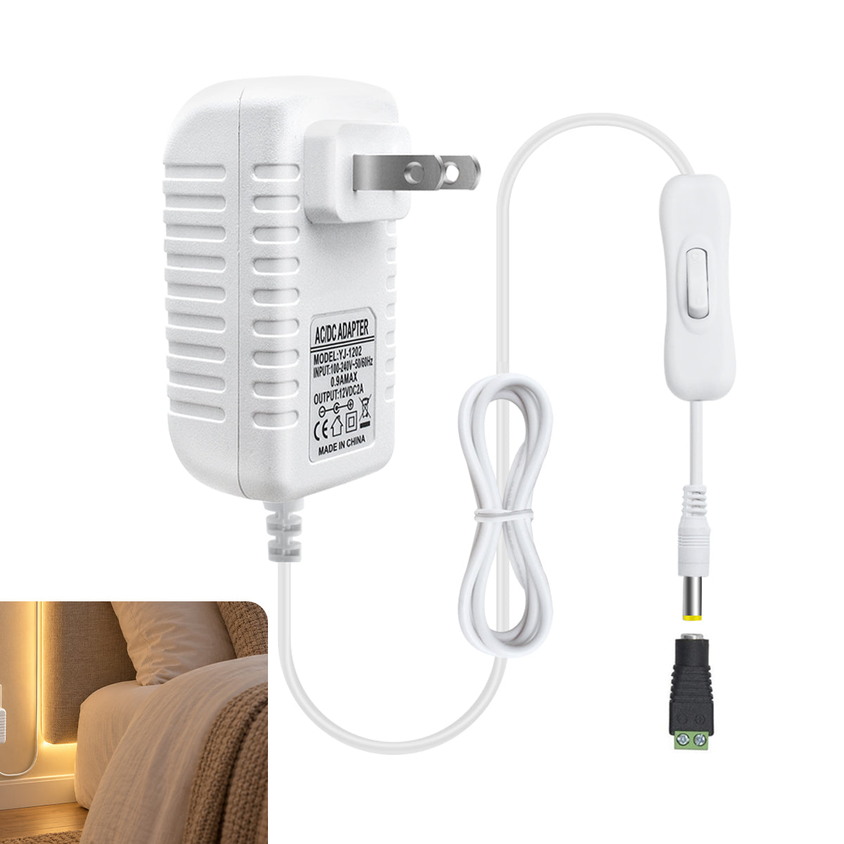12V Wall Plug LED Adapter 12W/24W/36W, AC 100–240V Input Black/White Wall Plug LED Adapter with US Plug - for LED Strip Lights, CCTV and Electronics