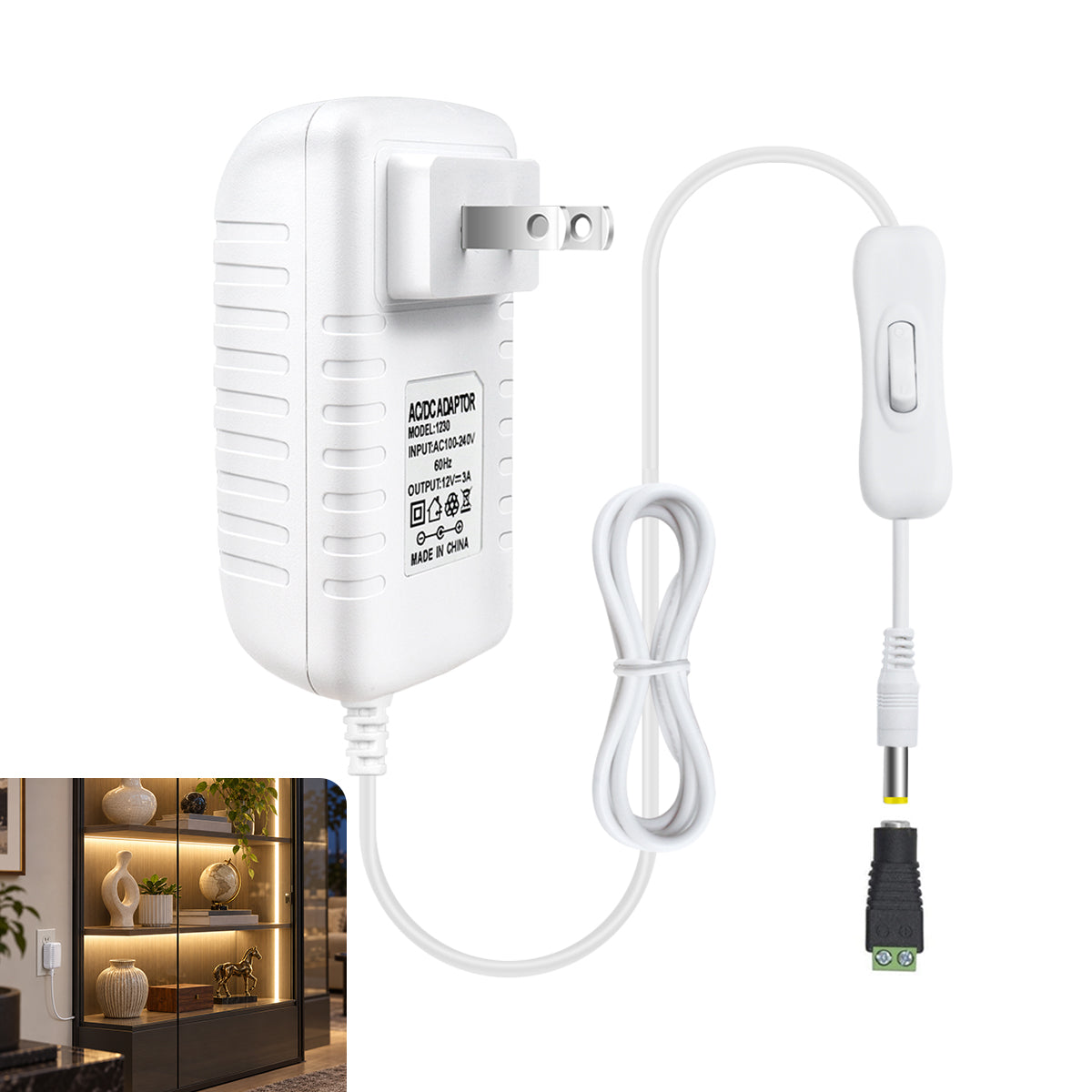 12V Wall Plug LED Adapter 12W/24W/36W, AC 100–240V Input Black/White Wall Plug LED Adapter with US Plug - for LED Strip Lights, CCTV and Electronics