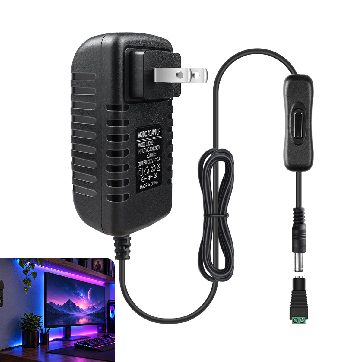 12V Wall Plug LED Adapter 12W/24W/36W, AC 100–240V Input Black/White Wall Plug LED Adapter with US Plug - for LED Strip Lights, CCTV and Electronics