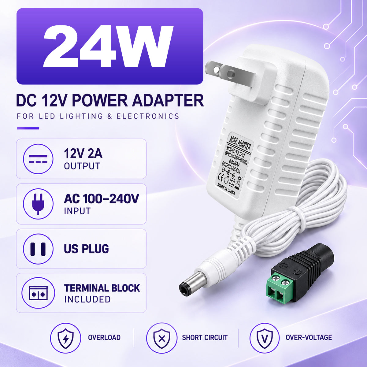 12V Wall Plug LED Adapter 12W/24W/36W, AC 100–240V Input Black/White Wall Plug LED Adapter with US Plug - for LED Strip Lights, CCTV and Electronics