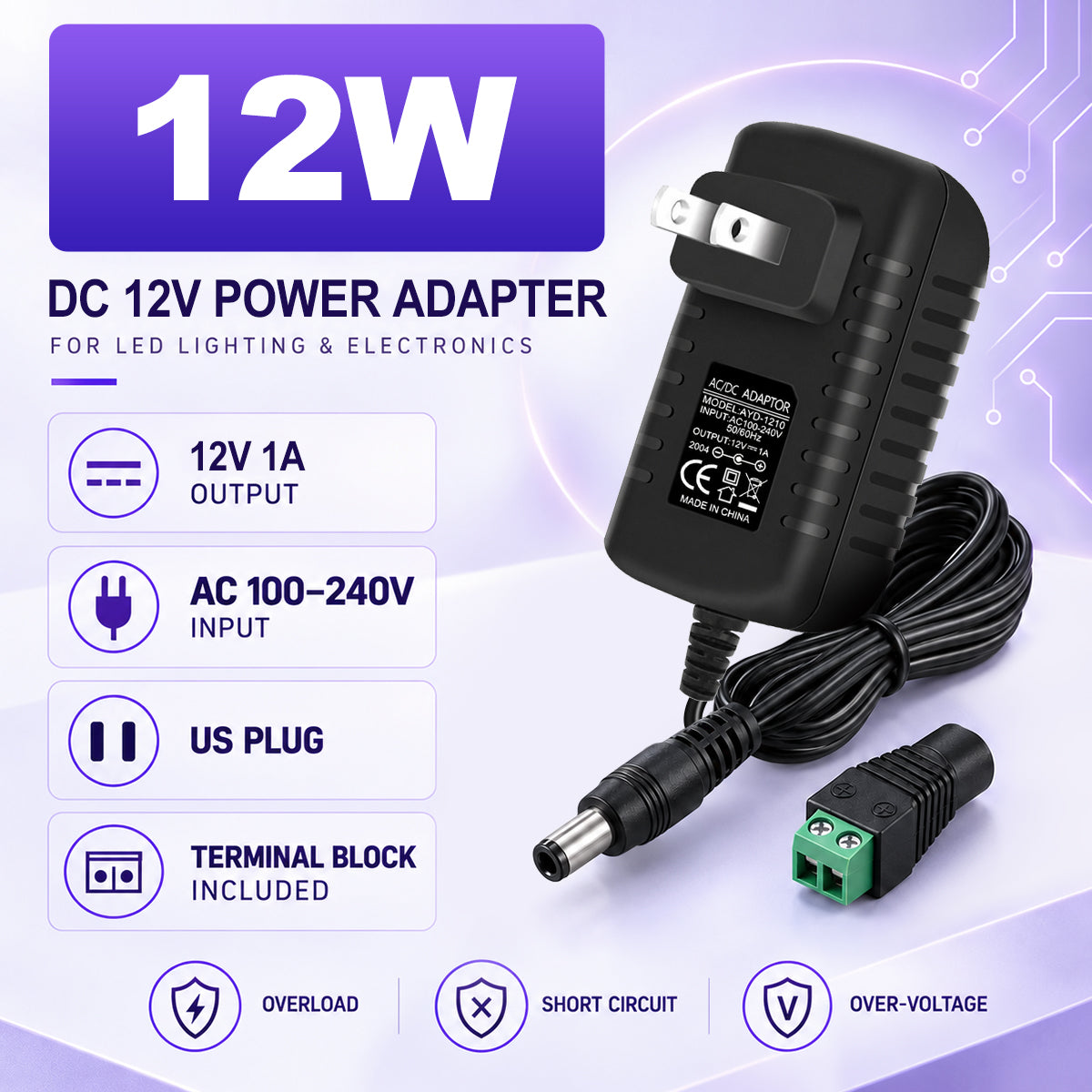 12V Wall Plug LED Adapter 12W/24W/36W, AC 100–240V Input Black/White Wall Plug LED Adapter with US Plug - for LED Strip Lights, CCTV and Electronics