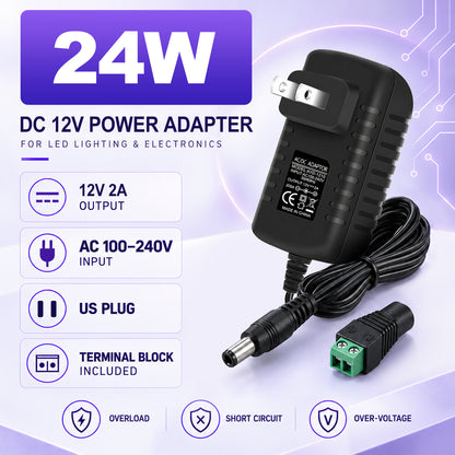 12V Wall Plug LED Adapter 12W/24W/36W, AC 100–240V Input Black/White Wall Plug LED Adapter with US Plug - for LED Strip Lights, CCTV and Electronics