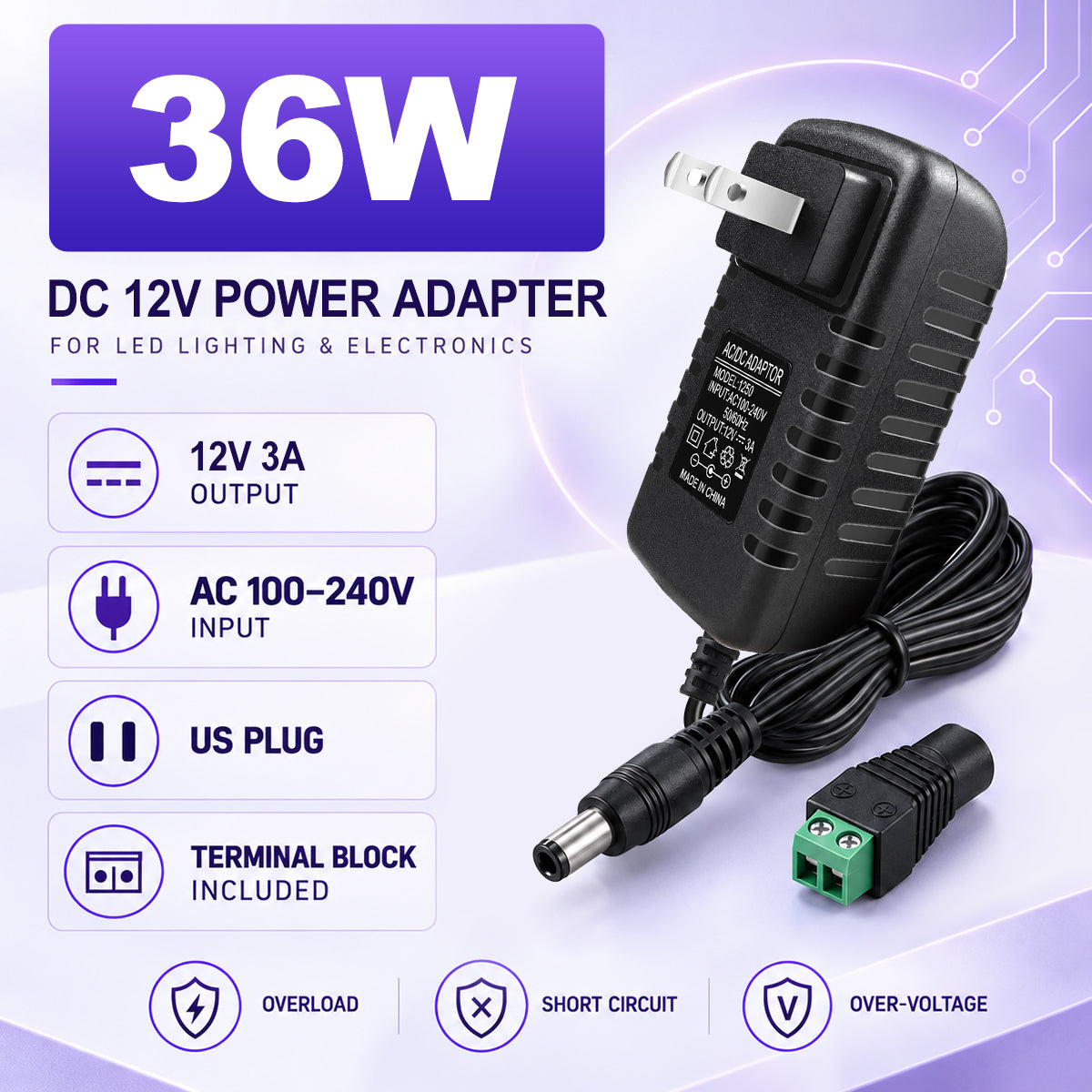 12V Wall Plug LED Adapter 12W/24W/36W, AC 100–240V Input Black/White Wall Plug LED Adapter with US Plug - for LED Strip Lights, CCTV and Electronics