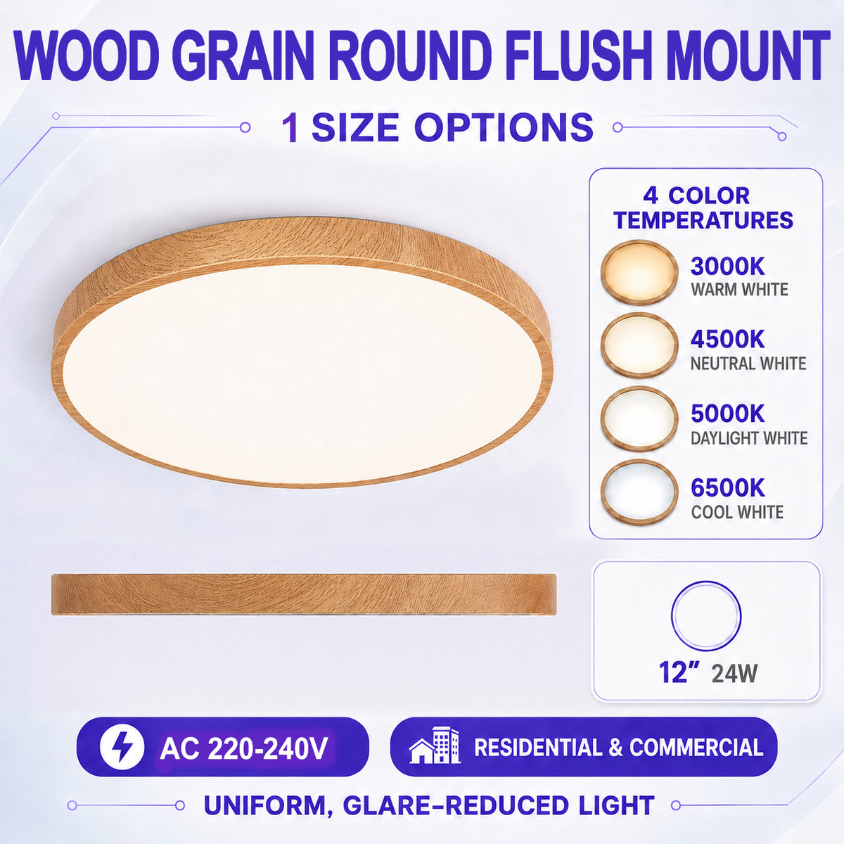 AC 220–240V Wood Grain Round Flush Mount LED Ceiling Lights – 12 Inch – 3000K / 4500K / 5000K / 6500K – for Residential & Commercial Lighting – Local Stock (UK/DE)