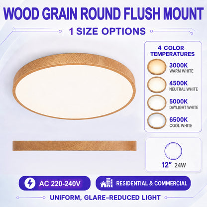 AC 220–240V Wood Grain Round Flush Mount LED Ceiling Lights – 12 Inch – 3000K / 4500K / 5000K / 6500K – for Residential & Commercial Lighting – Local Stock (UK/DE)