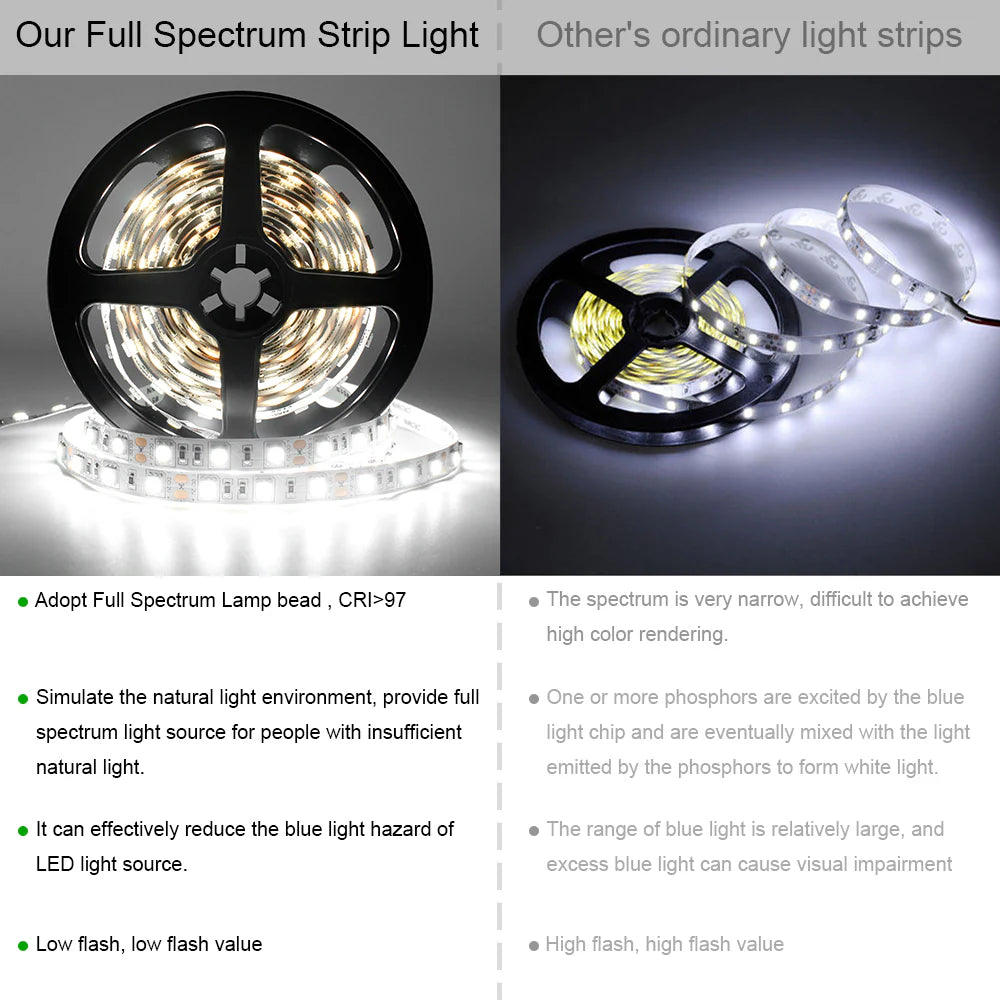 DC24V SMD5050 Full Spectrum LED Strip Light – CRI 97+ | 300 LEDs (60 LEDs/M) | 2700K / 3000K / 4000K / 5500K / 6500K | 12W/M | 10mm PCB | CRI 97+ | IP00 / IP67 | Under Cabinet, Mirror & Bedroom Accent Lighting | 50/500M