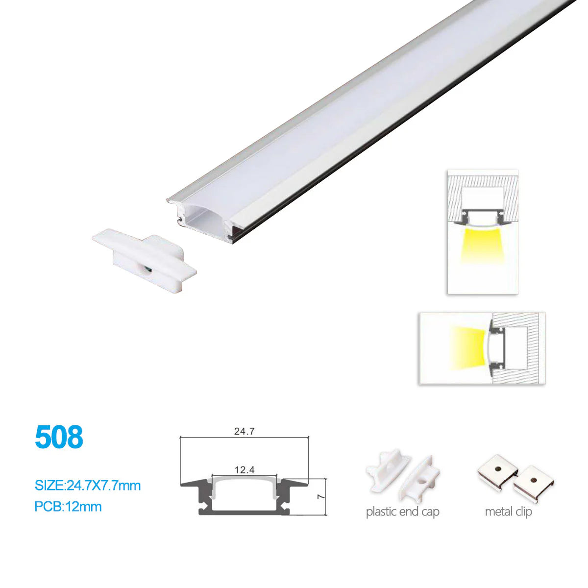 24.7 × 7mm Wall Mounted LED Aluminum Profiles Kit 508-B – 12mm Inner Width | Silver | Milky White Cover | With Installation Accessories | LED Mounting Track – 1m / 2m / 3m | 50 / 100-Pack