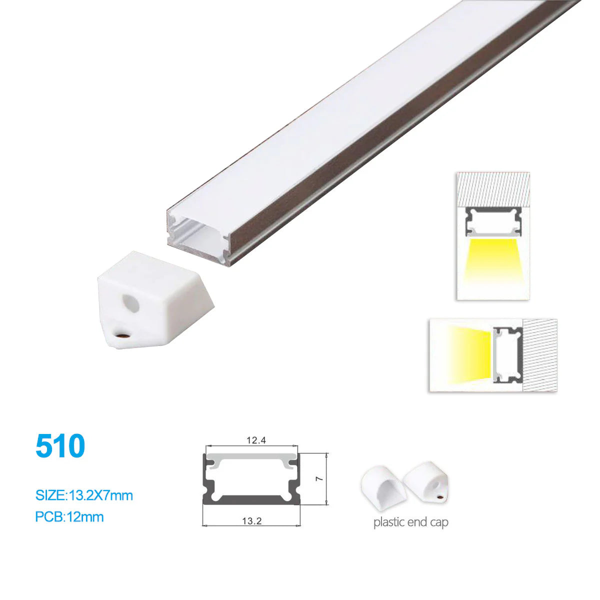 13.2 × 7mm LED Aluminum Profiles Kit 510-B – 12mm Inner Width | Silver | Milky White Cover | With Installation Accessories | LED Mounting Track – 1m / 2m / 3m | 50 / 100-Pack