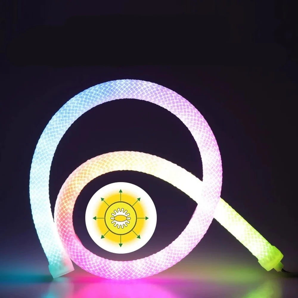 360° RGB Woven-Style Neon LED Light Strip | 5V Flexible Silicone Tube | Waterproof, Full-View Illumination, Plug & Play Kit with Controller (5m / 20 Rolls Options)
