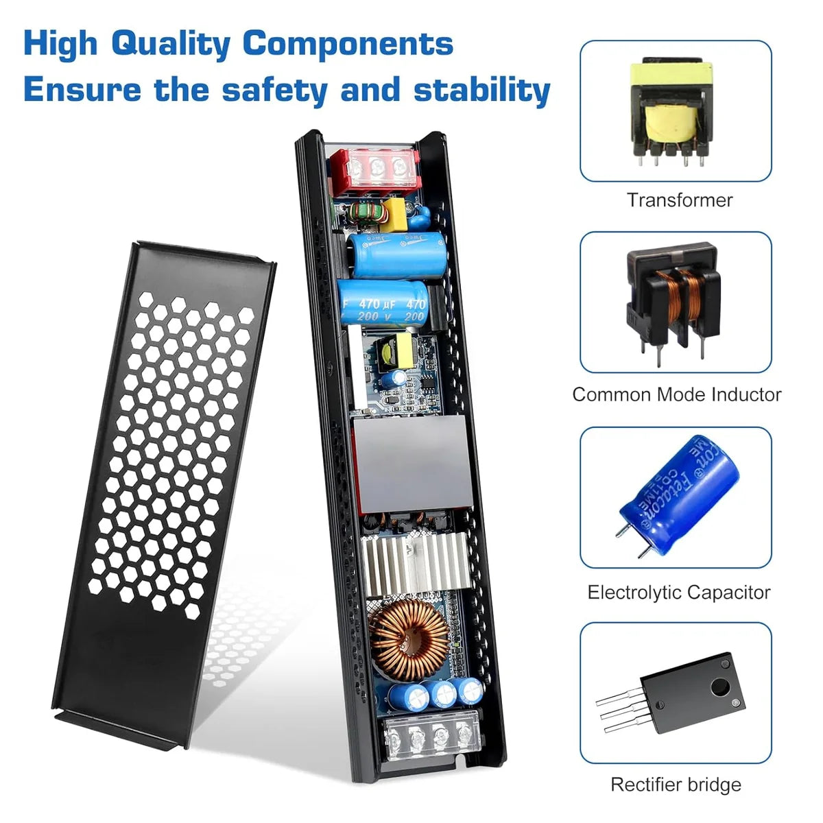 DC 24V 300W–400W Slim Black Industrial Switching Power Supplies, AC 120–130V/170–250V Input, LED Driver Transformer with Built-in Cooling Fan, CE/FCC/RoHS Certified