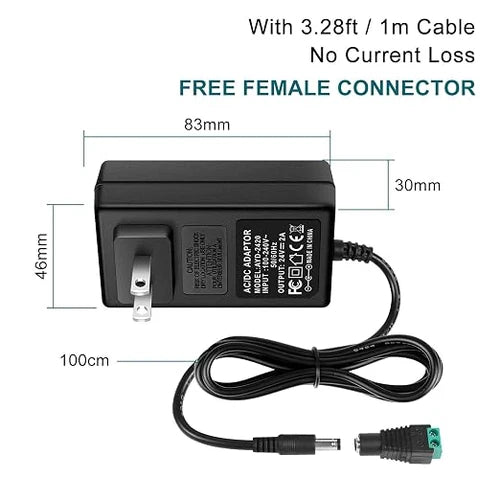 DC 24V Wall Plug LED Adapter 48W/72W, AC 100–240V Input Switching Wall Plug LED Adapter with UK Plug, Black Housing - for LED Strip Lights and Electronics