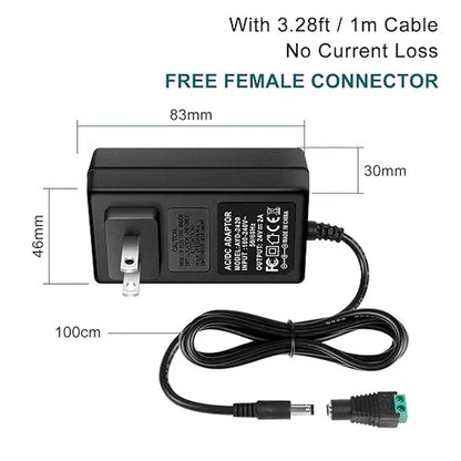 DC 24V Wall Plug LED Adapter 48W/72W, AC 100–240V Input Switching Wall Plug LED Adapter with UK Plug, Black Housing - for LED Strip Lights and Electronics