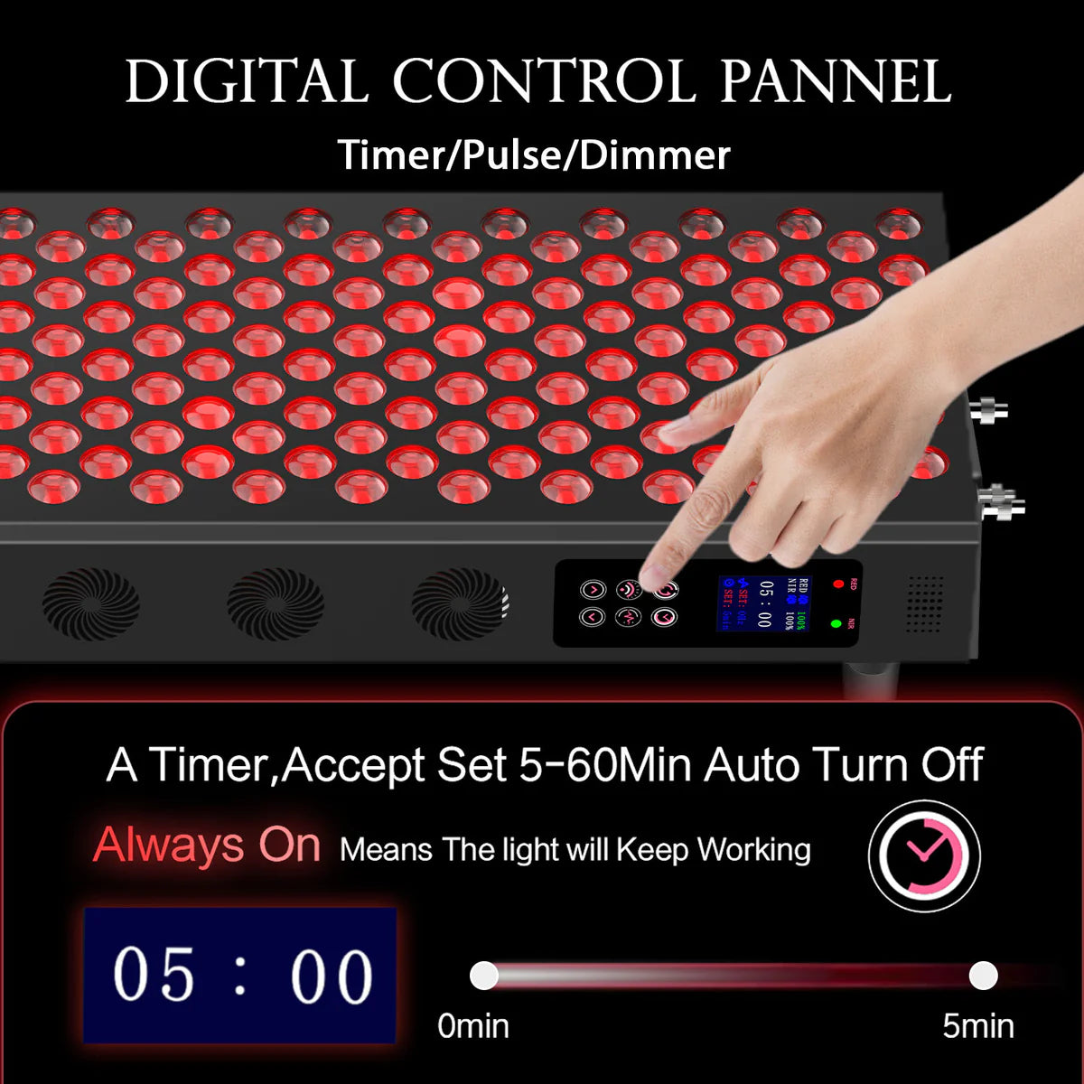 230W Large Panel Infrared Therapy Lamp – Black | Dual Chip Red Light & Infrared | Smart Touch Control Panel | Timer & Pulse Dimming | 60° Lens | AC85-264V | for Skin Rejuvenation & Muscle and Joint Therapy | US / EU / UK / AU Plug