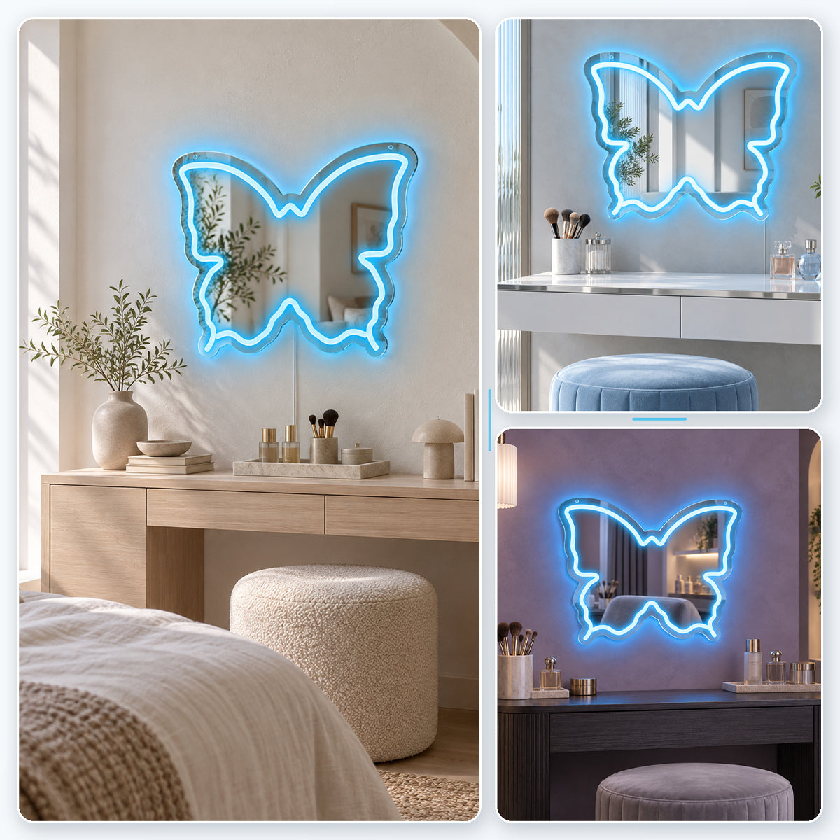Ice Blue Butterfly LED Vanity Signs – 15.7×12 inch  Neon Outline | USB Powered | Perfect for Vanity Decor
