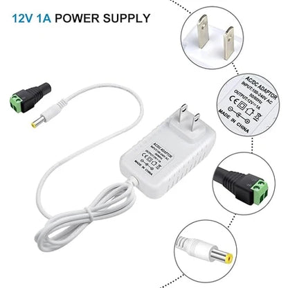 12V Wall Plug LED Adapter 12W/24W/36W, AC 100–240V Input Black/White Wall Plug LED Adapter with US Plug - for LED Strip Lights, CCTV and Electronics