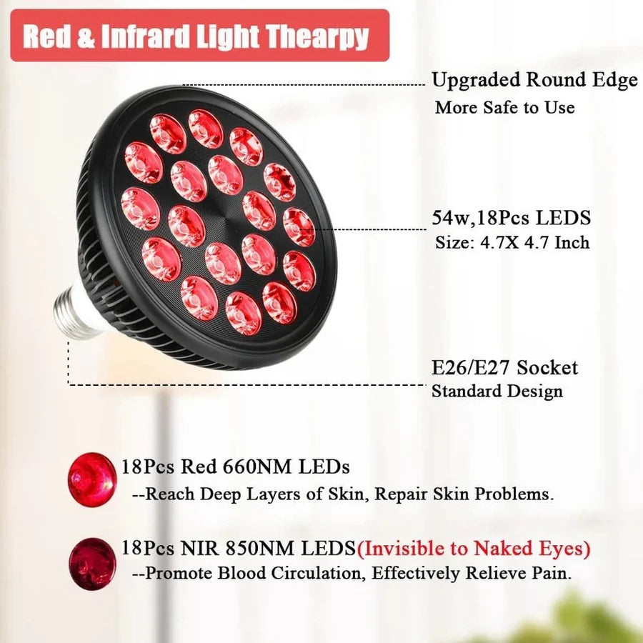 54W PAR38 Infrared Therapy LED Bulb – Dual Chip Red Light 660nm & Near Infrared 850nm | E26 / E27 Base | With / Without Desktop Clamp | US / EU Plug | Plug-In Red Light Therapy Lamp for Skin Rejuvenation & Muscle and Joint Therapy