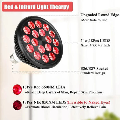 54W PAR38 Infrared Therapy LED Bulb – Dual Chip Red Light 660nm & Near Infrared 850nm | E26 / E27 Base | With / Without Desktop Clamp | US / EU Plug | Plug-In Red Light Therapy Lamp for Skin Rejuvenation & Muscle and Joint Therapy