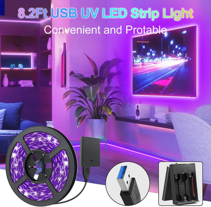 8.2FT UV Black Light LED Strip – SMD3528 | 380–400nm | USB Powered UV Light Strip with Battery Box | Non-Waterproof | For UV Glow Events, Neon Art and Decorative Lighting (2 Pack)