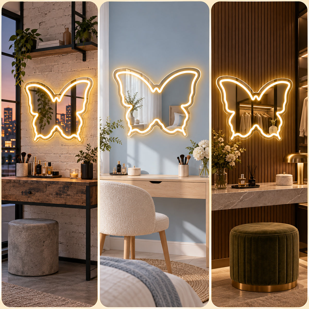 Warm White Butterfly LED Vanity Signs – 15.7×12 inch  Neon Outline | USB Powered | Perfect for Vanity Decor
