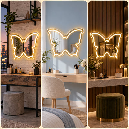Warm White Butterfly LED Vanity Signs – 15.7×12 inch  Neon Outline | USB Powered | Perfect for Vanity Decor
