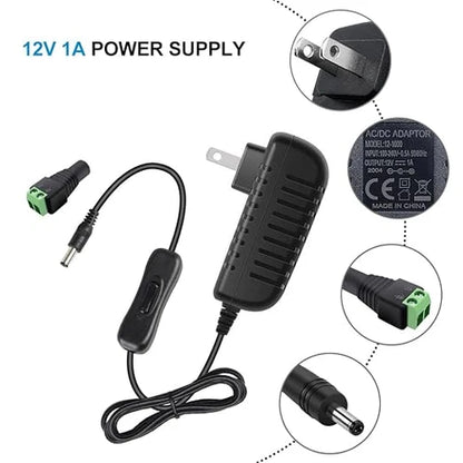 DC 12V Wall Plug LED Adapter with On/Off Switch, 12W/24W/36W Options, US Plug, Black/White Housing, 100–240V AC Input Wall Plug LED Adapter - for LED Strip Lights, CCTV and Electronics