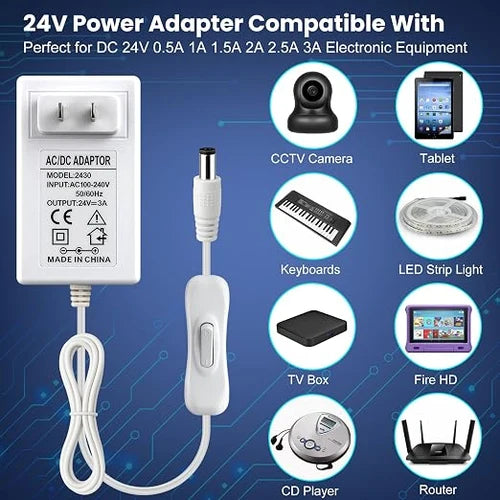 DC 24V Wall Plug LED Adapter with On/Off Switch, 48W/72W Options, US Plug, Black/White Housing, 100–240V AC Input Wall Plug LED Adapter - for LED Strip Lights and Electronics
