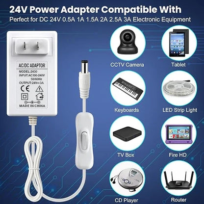 DC 24V Wall Plug LED Adapter with On/Off Switch, 48W/72W Options, US Plug, Black/White Housing, 100–240V AC Input Wall Plug LED Adapter - for LED Strip Lights and Electronics