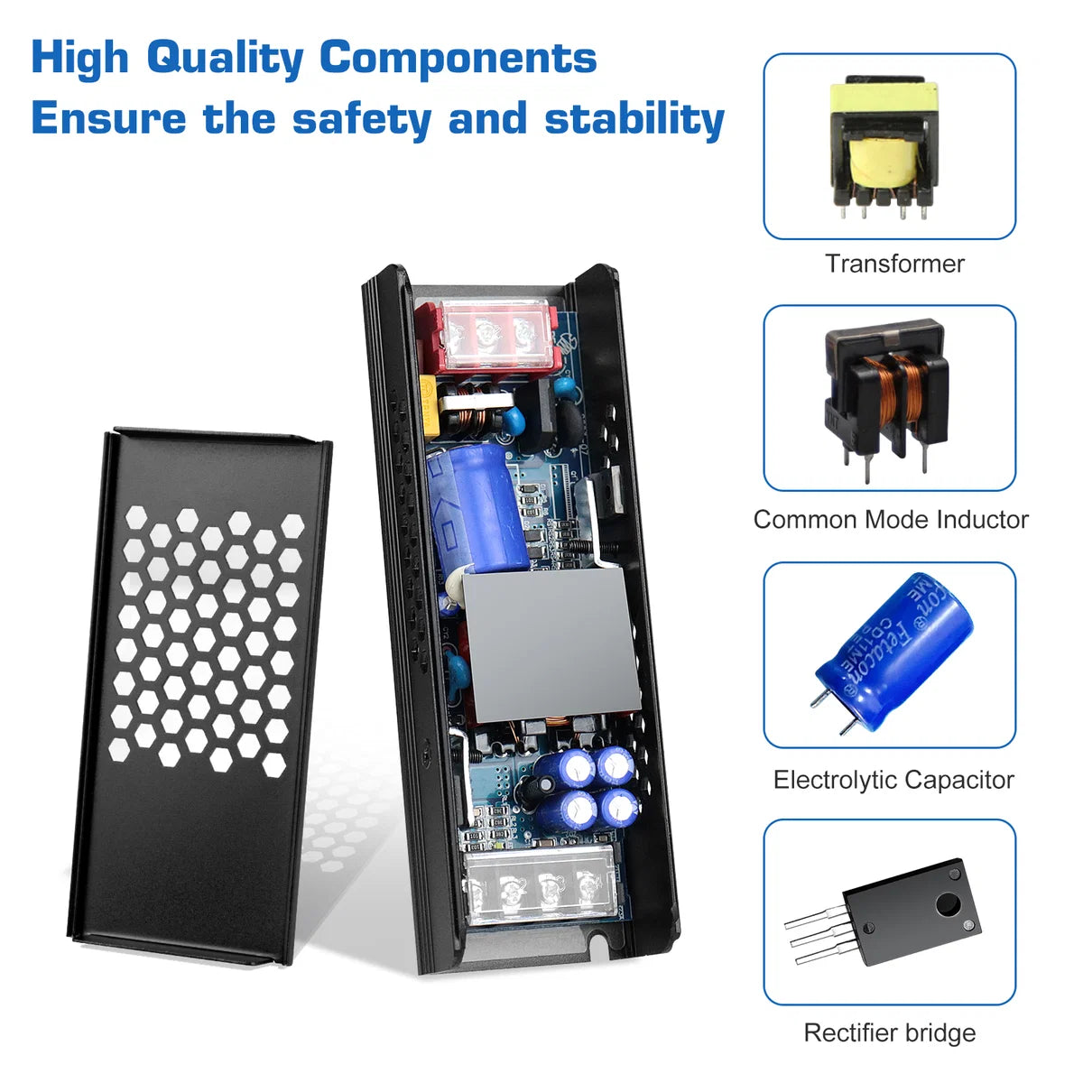 DC 12V/24V 36W–200W Slim Black Industrial Switching Power Supplies, AC 110–250V Input, Narrow Type LED Driver Transformer, Compact Metal Housing, CE/FCC/RoHS Certified
