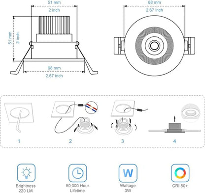 2Inch LED Recessed Ceiling Light, 3W Dimmable LED Downlight, Natural White 4000K, 60 Beam Angle COB Recessed Lights with Driver, 25W Halogen Bulbs Equivalent for Ceiling Lighting, White 10 Pack