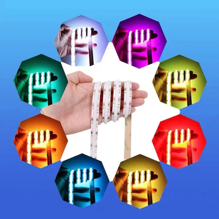 RGB Color Changing FCOB LED Strip Light | 5m (16.4ft) Roll | 576 / 840 LEDs per Meter | 12W / 18W | 12V / 24V | 10mm Wide | Dimmable Indoor IP20 | Flexible LED Ribbon (Strip or Complete Kit)