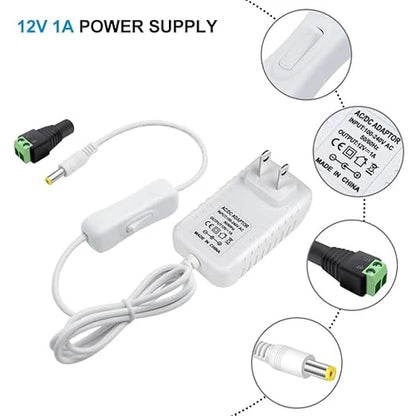 DC 12V Wall Plug LED Adapter with On/Off Switch, 12W/24W/36W Options, US Plug, Black/White Housing, 100–240V AC Input Wall Plug LED Adapter - for LED Strip Lights, CCTV and Electronics