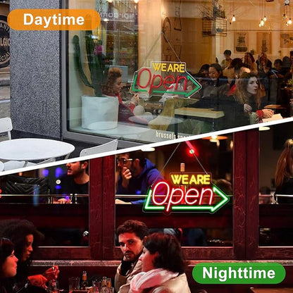Bright Open Signs for Business, 16.1"X 7.8" Dimmable Open Sign Powered by USB, Red&Green&Yellow Christmas Neon LED Sign, We Are Open Sign for Door Windows
