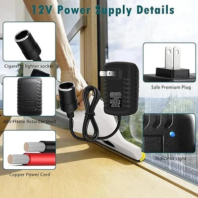 DC 12V Cigarette Lighter Power Supply Adapter 12W–36W, AC 100–240V Input Converter Transformer with US Plug - for Car Accessories, Pumps, Coolers and LED Lights