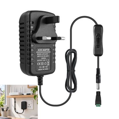 12V Wall Plug LED Adapter 12W/24W, AC 100–240V Input Black Wall Plug LED Adapter with UK Plug - for LED Strip Lights, CCTV and Electronics